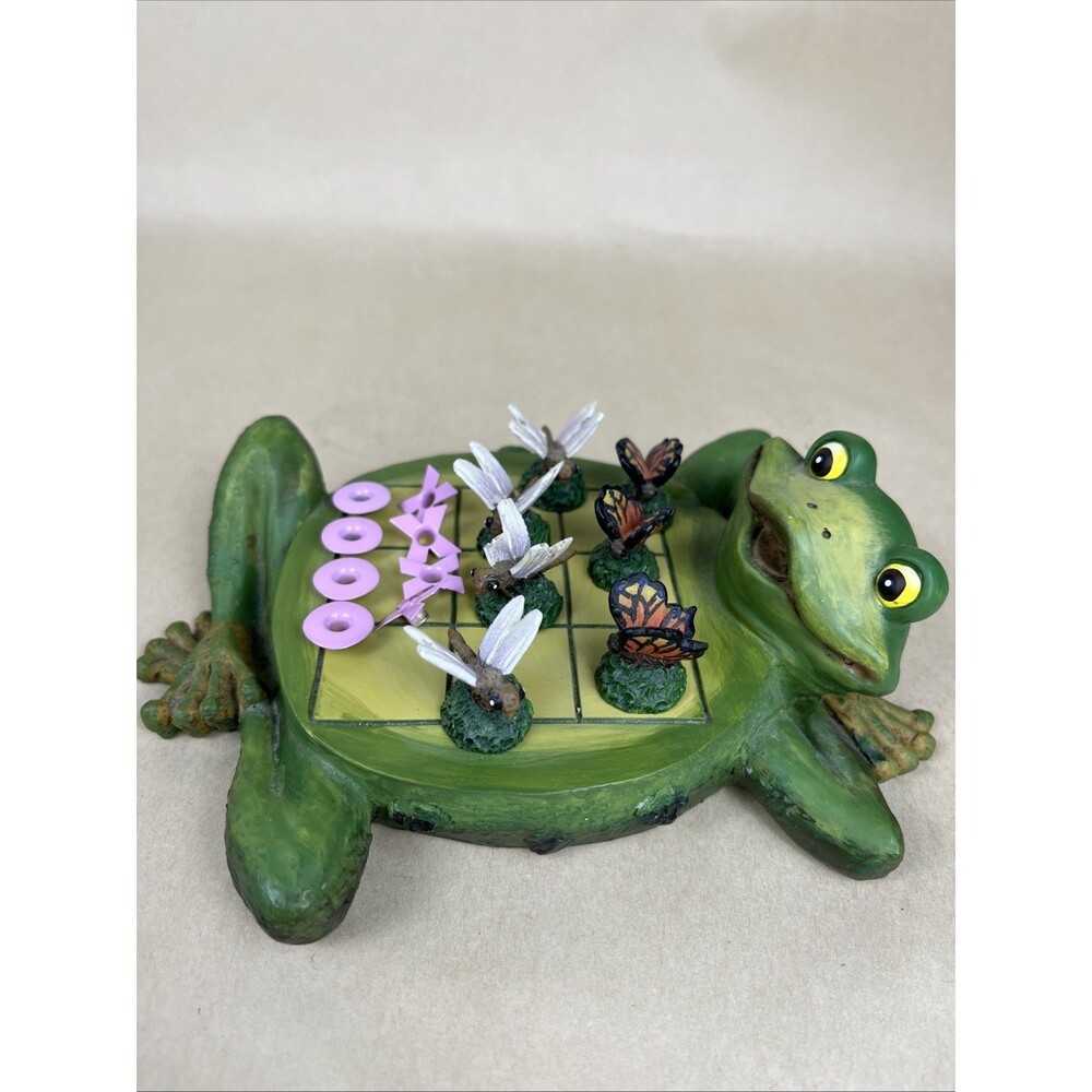 Rare VTG Hand‎ Painted Tic Tac Toe Game Frog Pad w/Butterfly & Dragonfly Pieces